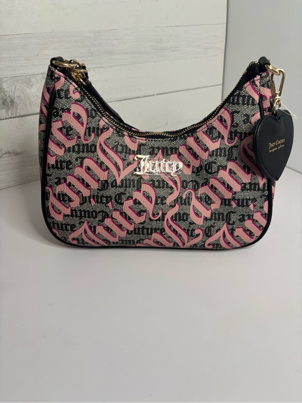 Juicy Couture Black and Pink Script Logo Mini Shoulder Bag